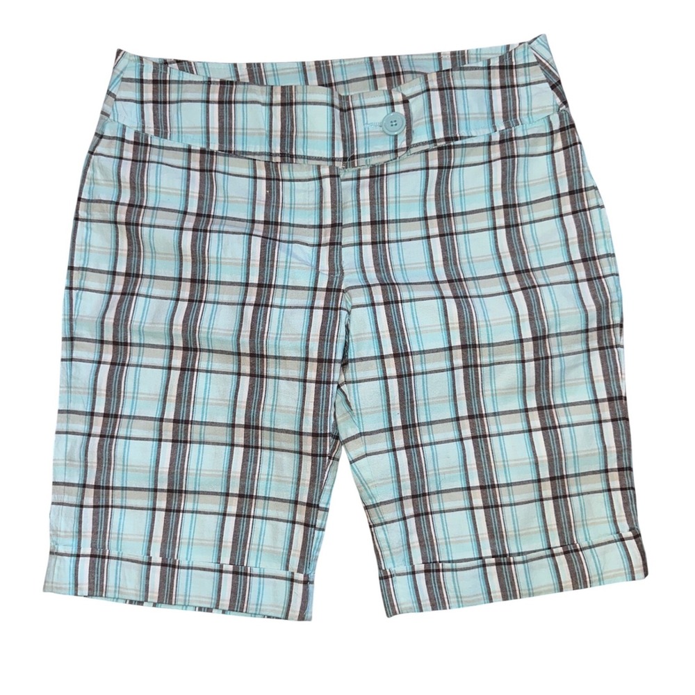 Bugle Boy Juniors Plaid Bermuda Shorts Light Blue Brown Cuffed Cotton Stretch L
